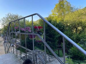 a woman walking down a stairway with a balcony with flowers at Sternenblick in Neresheim