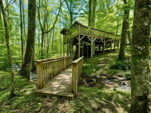 a wooden bridge in the middle of a forest at Treehouse by the Creek in Walland