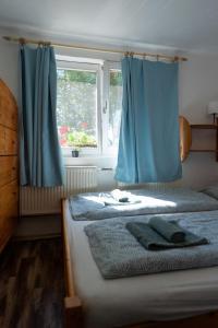 a bedroom with two beds with blue curtains and a window at Tisza-tavi Kiserdő Vendégház in Tiszaderzs +79 photos