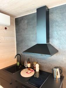 a kitchen with a stove and a hood over a sink at Aurora Sea Lodges in Karpbukt +9 photos