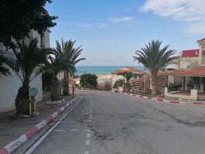 an empty street with palm trees and the ocean at Résidence EPLF SAKET BÉJAÏA in Bejaïa