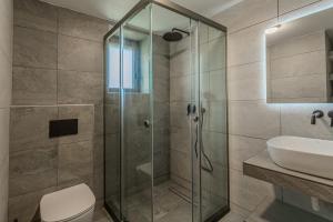 a bathroom with a shower and a toilet and a sink at Sofia's Villa in Riglia +22 photos