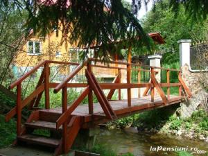 a wooden bridge over a stream with stairs on it at Paradisul Verde din Apuseni in Lăzeşti