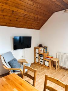 a living room with a tv and a table and chairs at Apartmány Ve Mlejně in Čachrov