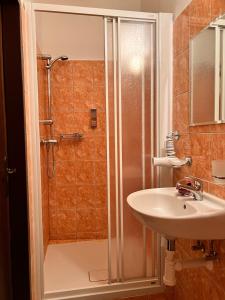 a bathroom with a shower and a sink at Hotel Marislav in Češnovice +70 photos