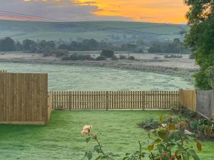 a dog sitting in a yard next to a wooden fence at Lodge With A View in Steyning