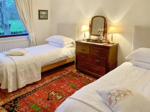 a bedroom with two beds and a mirror and a dresser at Forester's Cottage in Kildary +6 photos