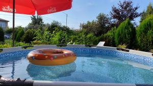a hot dog in a swimming pool with an umbrella at Haus Georg in Zugdidi