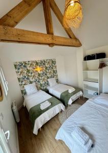 a bedroom with two beds and a ceiling with a chandelier at Le Chalet du Parc - Maison de charme Proche Paris in Saint-Gratien