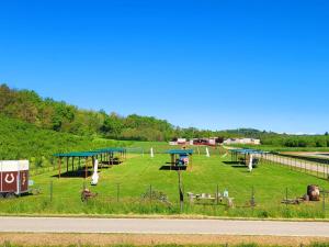 a large field with a playground with blue roofs at B&B Anima Selvaggia Ranch in Castellero