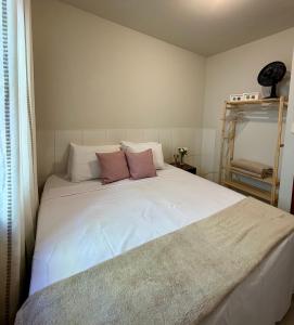 a bedroom with a large white bed with two pillows at Recanto Canuto in Diamantina