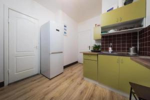 a kitchen with green cabinets and a white refrigerator at Good driams Xoctel in Kyiv