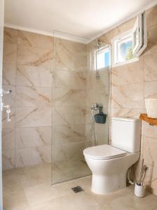 a bathroom with a toilet and a glass shower at Villa LaThea in Akti Salonikiou +31 photos