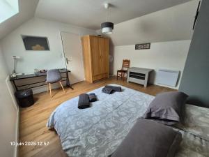 a bedroom with a large bed and a desk at Chambres d'hotes PROCHE CIRCUIT in Arnage