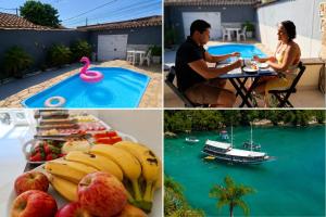 a collage of pictures of a resort with a pool and a boat at Pousada Brisa de Paraty ll in Paraty