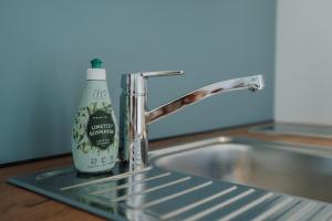 a bottle of detergent sitting next to a sink at Gemütliche Ferienwohnung in Riedlingen +33 photos