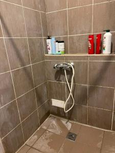 a shower with a hose in a tiled bathroom at Good driams Xoctel in Kyiv