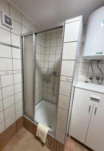 a shower with a glass door in a bathroom at Apartman Lili in Bihać +26 photos