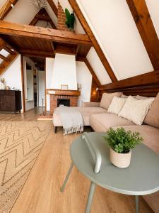 a living room with a couch and a table at Spicc house in Csopak
