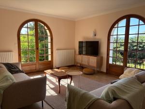 a living room with two couches and a tv at Los Arcos in Annonay