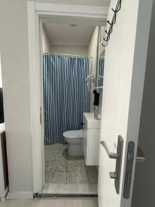 a bathroom with a toilet and a shower at Olivento Pansiyon in Ayvalık