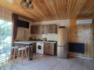 a kitchen with a refrigerator and a table and chairs at Dava&Davi in Ureki