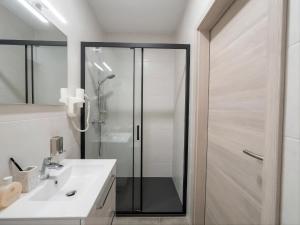 a bathroom with a shower and a white sink at Zemlinsky Hof in Payerbach