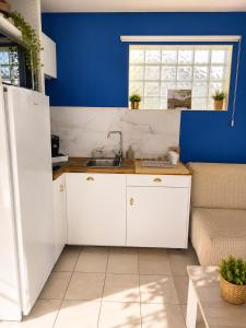 a kitchen with white cabinets and a blue wall at La Tropicale - Terrasse Privée Entre Lac & Océan- C' LA VIEconciergerie in Soustons