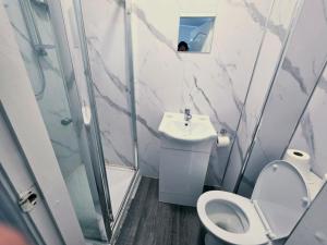 a bathroom with a toilet and a sink and a shower at Dream Hotel in Manchester