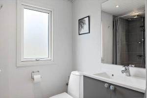 a bathroom with a toilet and a sink and a mirror at OH593-Hadsund-Halvrebene-124 in Hadsund