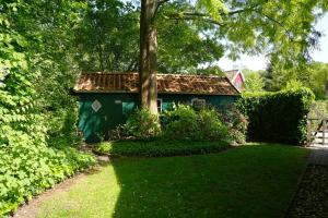 a green shed with a tree in a yard at De Brittenburg 4-persoons, finse sauna, hottub, sunshower, grote zonnige omheinde tuin, wifi en huisdier vriendelijk in Lievelde