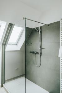 a bathroom with a shower with a glass door at ILLYRHof in Gamlitz +20 photos