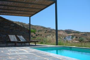 a couple of benches sitting next to a swimming pool at Μαυρόλιθος in Karistos