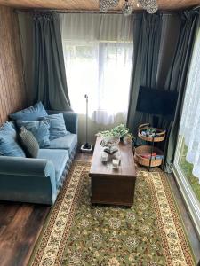 a living room with a blue couch and a coffee table at Annsmuiža in Salacgrīva