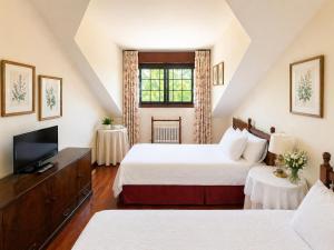 a bedroom with two beds and a television at Holibai As Landras Piscina y vistas al Miño, Tomiño in Tomiño +21 photos