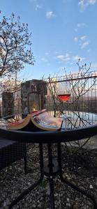 a table with a glass of wine on top of it at Cabana Magdalena in Câmpulung +67 photos