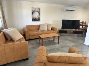 a living room with couches and a flat screen tv at carmel cabins suite nu 8 in Haifa +28 photos