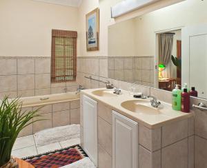 a bathroom with a sink and a tub and a mirror at Great Dane at Brittlewood in Underberg +39 photos