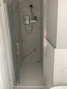a shower with a glass door in a bathroom at River View Cottage in Newton Stewart