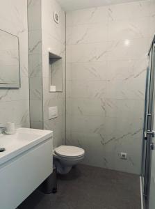 a white bathroom with a toilet and a sink at SunnyOasis in Mostar +18 photos