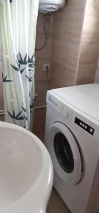 a washing machine in a bathroom with a toilet at Sušica Apartman in Kovačka Dolina +6 photos