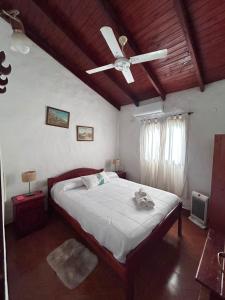 a bedroom with a bed with a ceiling fan at El Paso Ibera Cabañas in Colonia Carlos Pellegrini