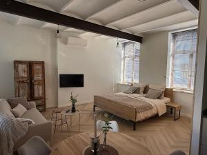a bedroom with a bed and a couch and a tv at B&B Sjaanderhof in Maastricht