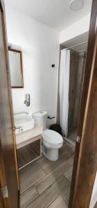 a bathroom with a toilet and a sink and a shower at Hotel Angeles in Ciudad Serdán