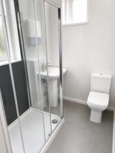 a bathroom with a shower and a toilet at Snowdon Apartments in Stirling +12 photos