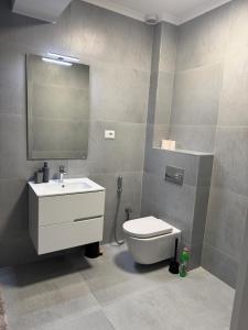 a bathroom with a toilet and a sink and a mirror at Modern Apartment Constanța in Constanţa