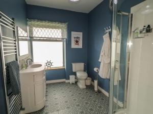 a blue bathroom with a toilet and a sink at Riverdene in Omagh +43 photos