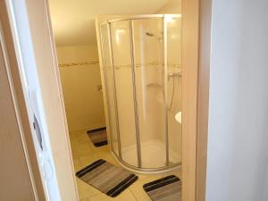a shower with a glass door in a bathroom at Stapfgut in Rauris +38 photos