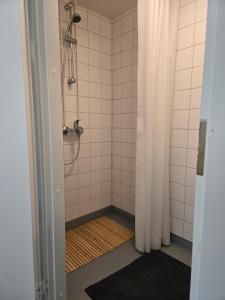 a bathroom with a shower with a shower curtain at Kyyveden Kartano Horsma 14 in Mikkeli