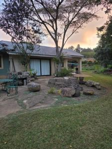 a backyard with rocks and a table and a tree at Haines Haven in Albinia